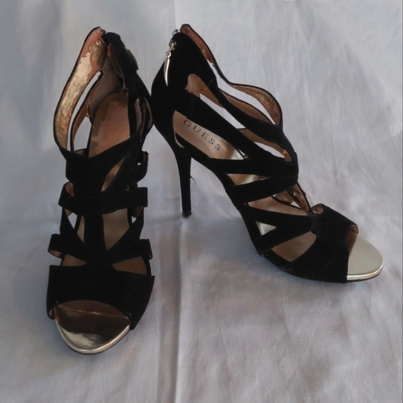 GUESS Black Suede Strappy 4" Heels with Back Zip size 8 - Picture 1 of 10